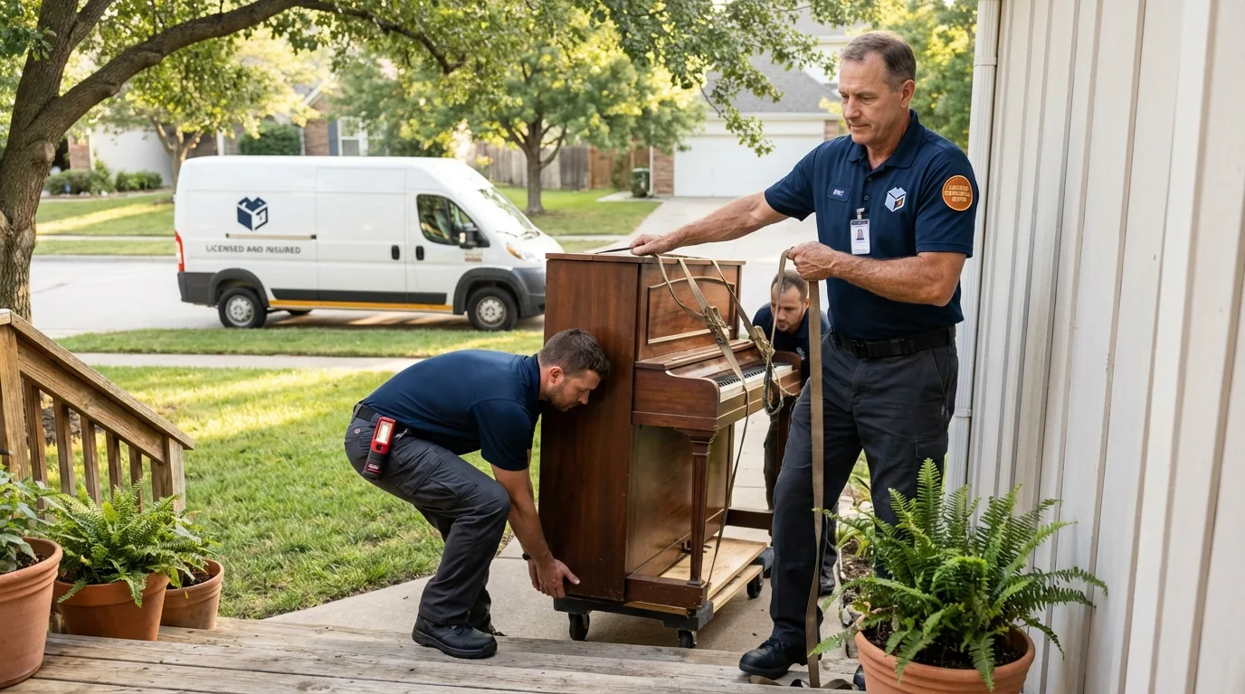 Licensed piano movers securing grand piano in Freedom, NH