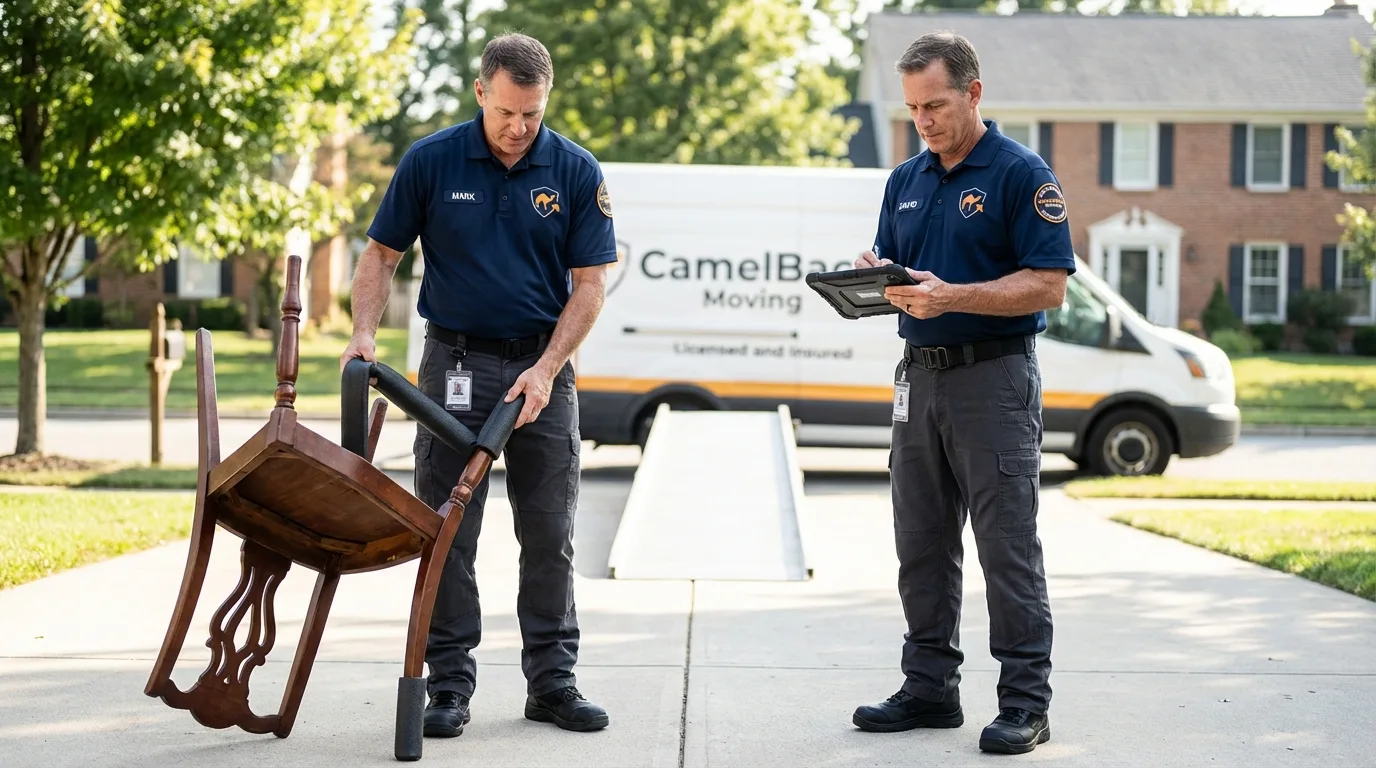 Movers inspecting furniture for damage prevention before loading in Freedom, NH