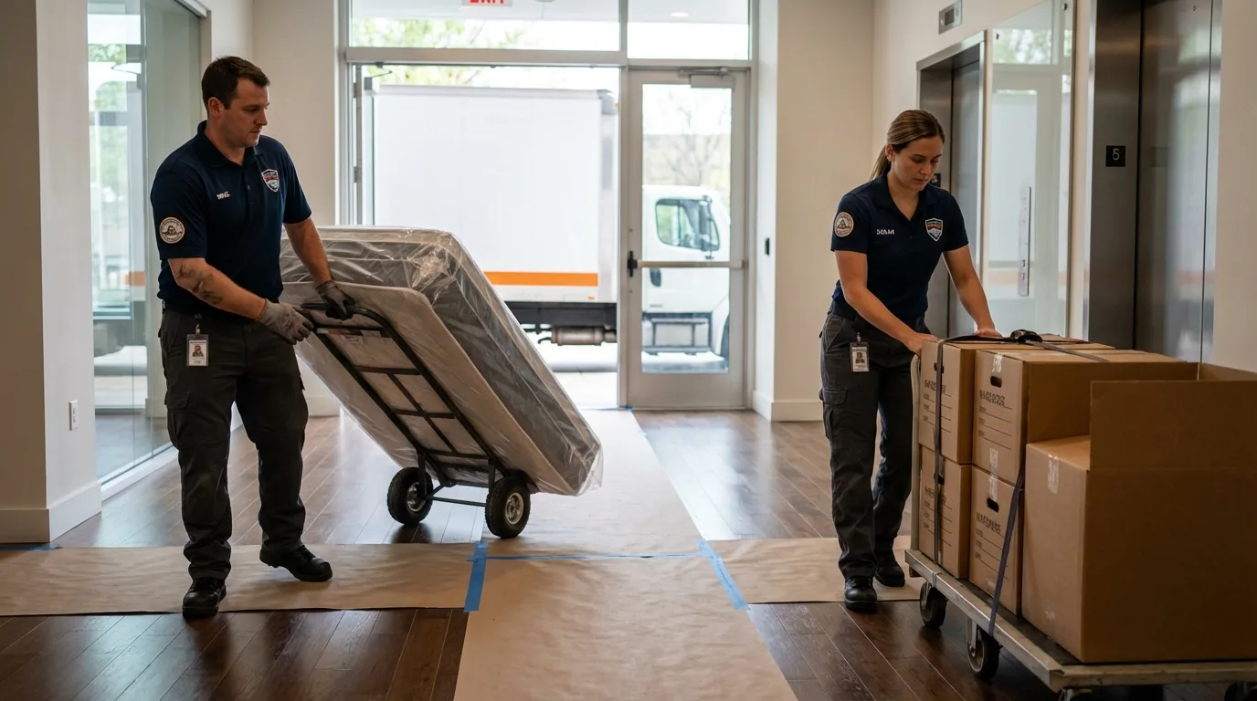 Professional apartment movers loading elevator in Freedom, NH