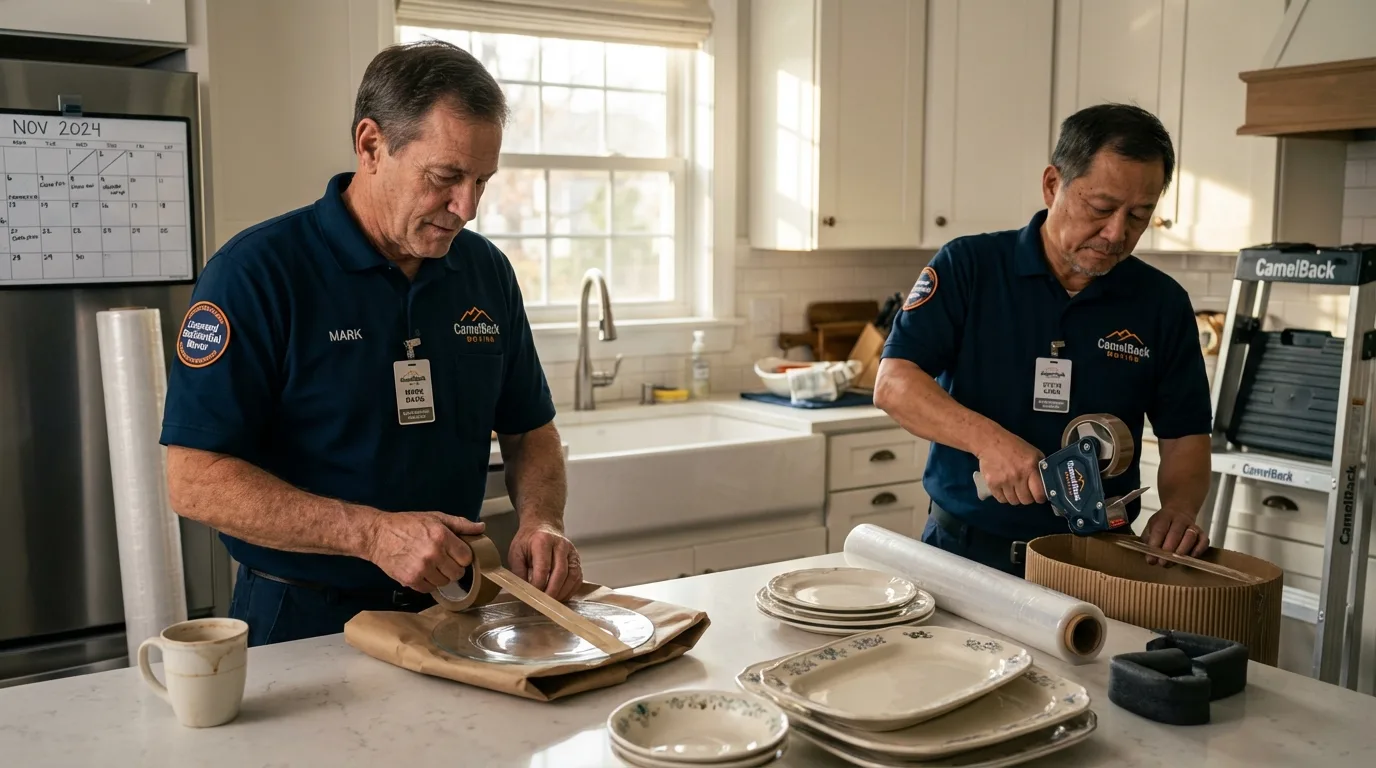 Professional crew packing kitchen dishware in Freedom, NH